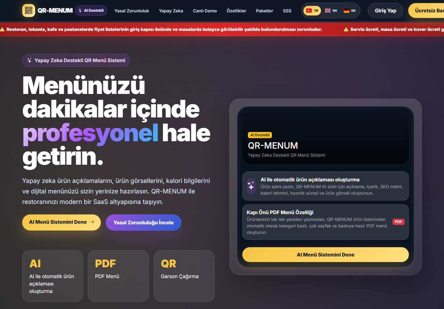 QR Menüm web ana sayfası
